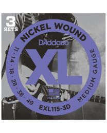 D'Addario XL Nickel Wound Electric Guitar Strings, Medium/Blues-Jazz, 011-049, 3 Sets EXL115-3D