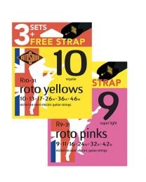 Rotosound Triple pack of Roto Electrics Guitar Strings - Available in 9's or 10's - FREE Guitar Strap