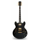  Black Sire Semi-Hollow electric guitar with gold hardware and f-holes, displayed vertically on a white background, embodying professional quality and Larry Carlton's signature design