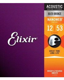 Elixir Acoustic 80/20 Bronze with Nanoweb coating - Acoustic Guitar Strings-Light 12-53