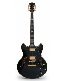 Black Sire Semi-Hollow electric guitar with gold hardware and f-holes, displayed vertically on a white background, embodying professional quality and Larry Carlton's signature design